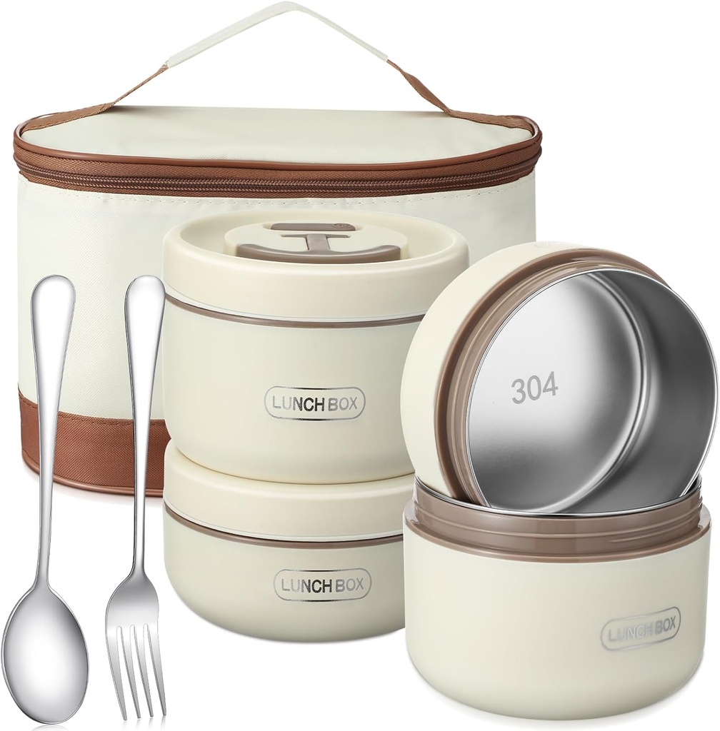 Dandat 4 Pcs Insulated Bento Box Portable Stainless Steel Food Container Round Stackable Leakproof Thermal Food Container for Adult Men Women with Insulated Bag, 74 oz(Beige)