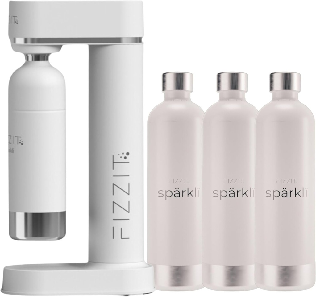 Stainless Steel White Sparkling Water and Soda Maker Machine with 3 White Stainless Steel 1L Re-Usable Bottle