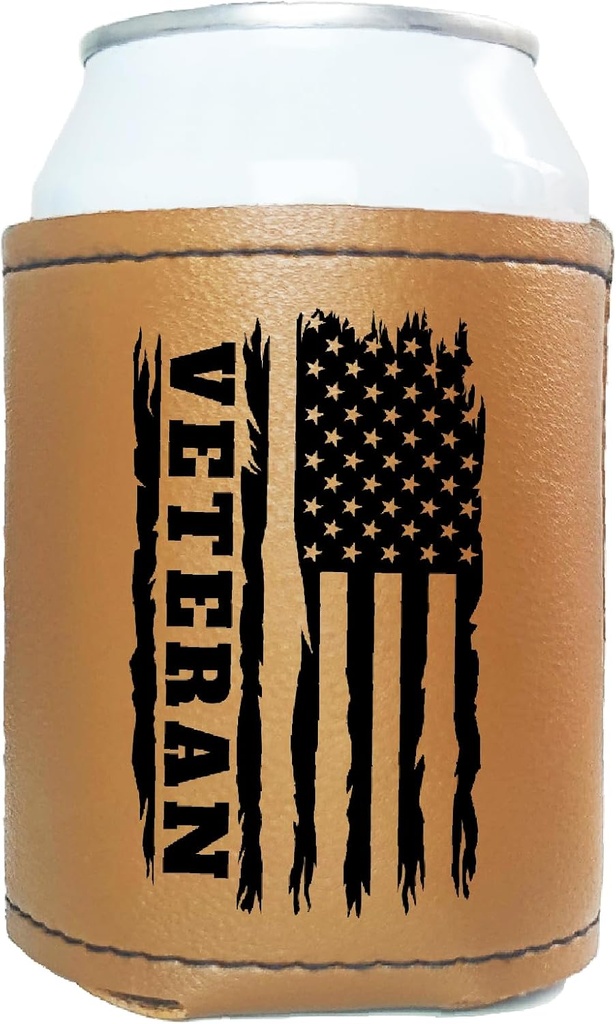 American Flag Veteran Can Cooler for Veteran Day Fathers Day Birthday, Leather Beer Can Cooler Sleeve Party, Veteran Gifts for Dad Grandpa Husband