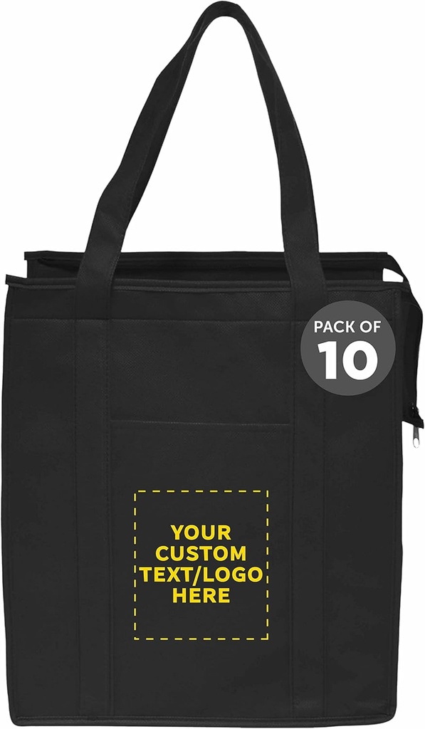 DISCOUNT PROMOS Custom Non-Woven Insulated Tote Bags Set of 10, Personalized Bulk Pack - Reusable, Great for Picnic, Camping, Beach, Outdoor Activities - Black