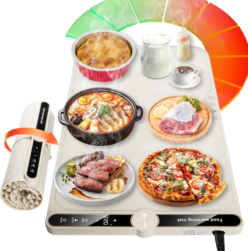 Food Warmer Mat for Buffet Electric Warming Trays for Party Food Trays Food Warming Mats for Countertop with 9 Temp. 104-248℉,8s Fast Food Heating Pad 6 Timers Roll up Silicone Warming Mat 24x15