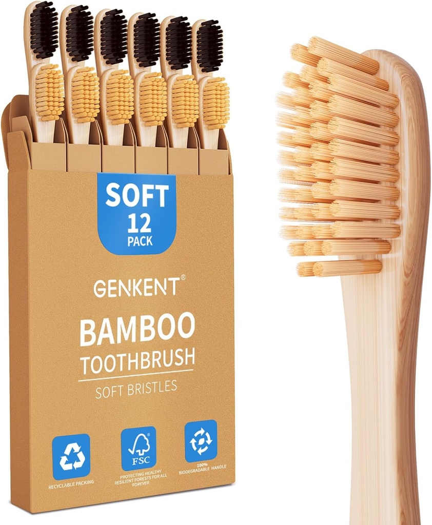 GENKENT Bamboo Toothbrushes 12 Pack Natural Toothbrushes BPA Free Soft Bristles Toothbrush Eco Friendly Charcoal Toothbrush for Travel
