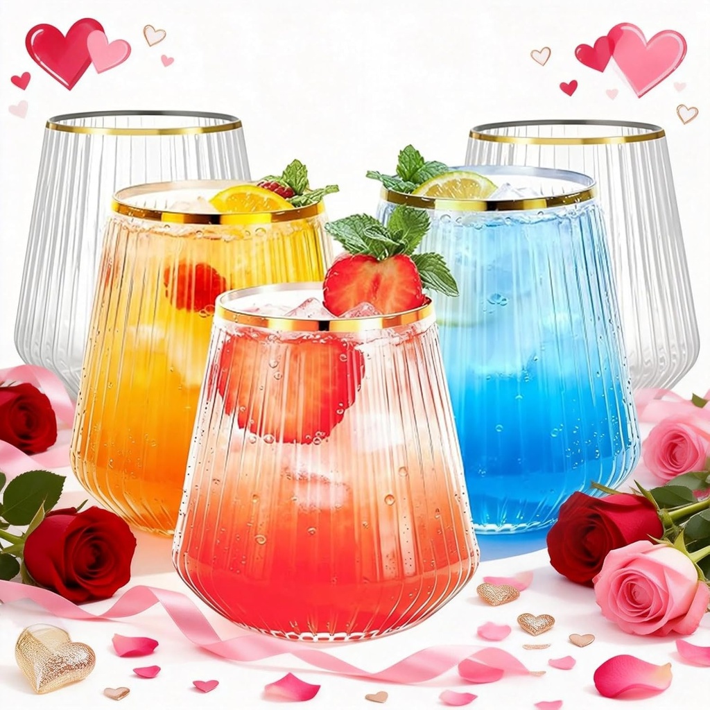 BESTSTAR 36 Pcs 12 oz Plastic Clear Gold Rim Ribbed Wine Glasses, Origami Ripple Disposable Champagne Glasses Elegant Whiskey Glasses Ideal for Weddings, Bars, Christmas, Pool Party, Daily Use