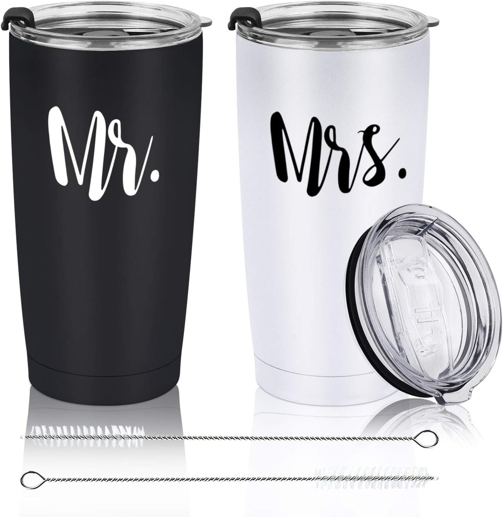 Mr and Mrs Tumbler Set of 2 Stainless Steel Travel Tumbler Ideas for Newlyweds Couples Wife Bride To Be Newly Engaged Bridal Shower, Insulated Travel Tumbler for Wedding Engagement(20 oz, Black&White)