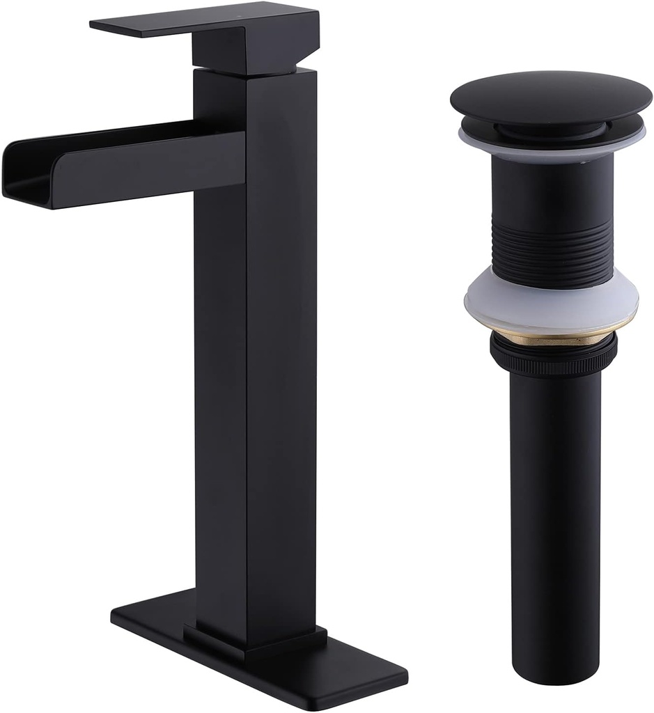 Brass Black Bathroom Faucet with Pop Up Drain Waterfall Single Handle Faucet Bathroom Sink Faucet RV Bathroom Vessel Basin Faucet Vanity Faucets Deck Mount 51602B