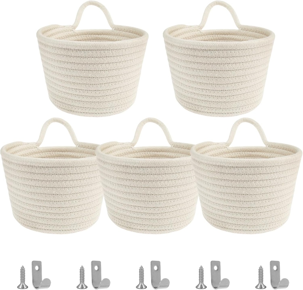5 Pcs Wall Hanging Baskets with Hooks, Soft Breathable Woven Storage Baskets, Desktop Organizer Basket, Decorative Cotton Rope Baskets, Practical Small Hanging Baskets for Kitchen Bathroom Bedroom