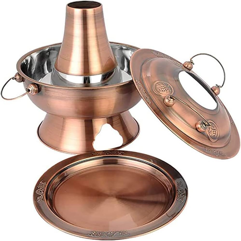 Hot Pot, Chinese Charcoal Hotpot, Shabu Hot Pot with Divider, Two-Flavor Chinese Charcoal Shabu Shabu Pot Cooker Stainless Steel Hot Pot Cookware for 3-7 People Home Party,C,34cm