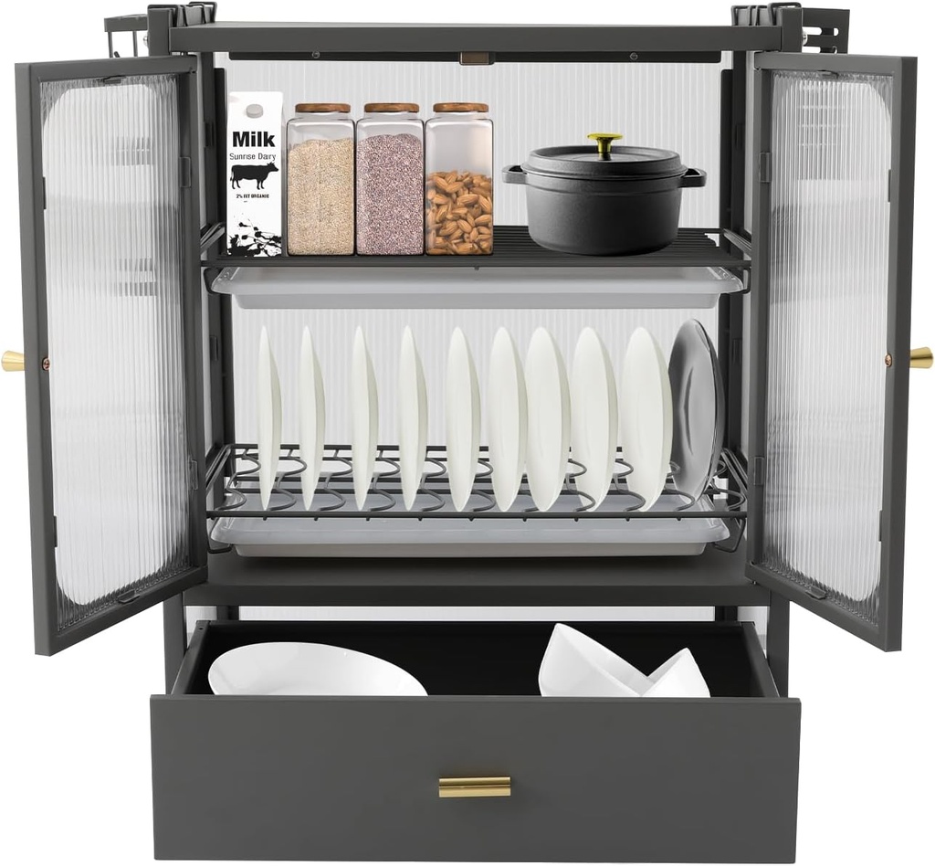 Kitchen Countertop Dish Storage Cabinet with Drawers, 2-Tier Dish Rack & Drain Trays, 22lbs Countertop Capacity, Space-Saving Organizer for Dishes, Cutlery & Spices, Easy Assembly