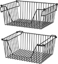 Slideep 14'' Black Stackable Storage Baskets Sturdy Metal Wire Freezer Bins Cabinet Organizer for Pantry Home Bathroom Kitchen Organization- Set of 2