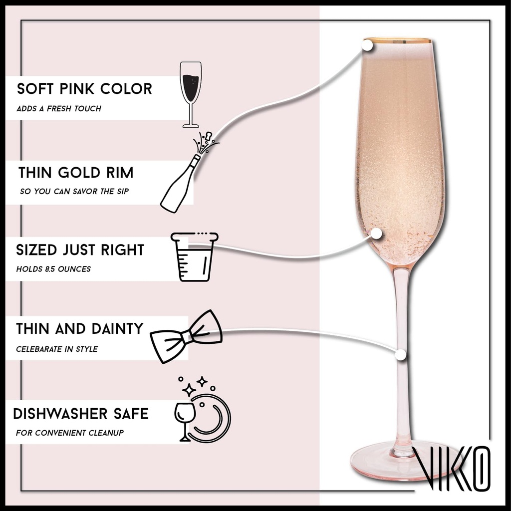 Vikko Champagne Flutes, 8.5 Ounce Toasting Champagne Flute, Pink with Gold Rim Crystal Clear Champagne Glasses, Set of 4 Elegant Sparkling Wine Glasses