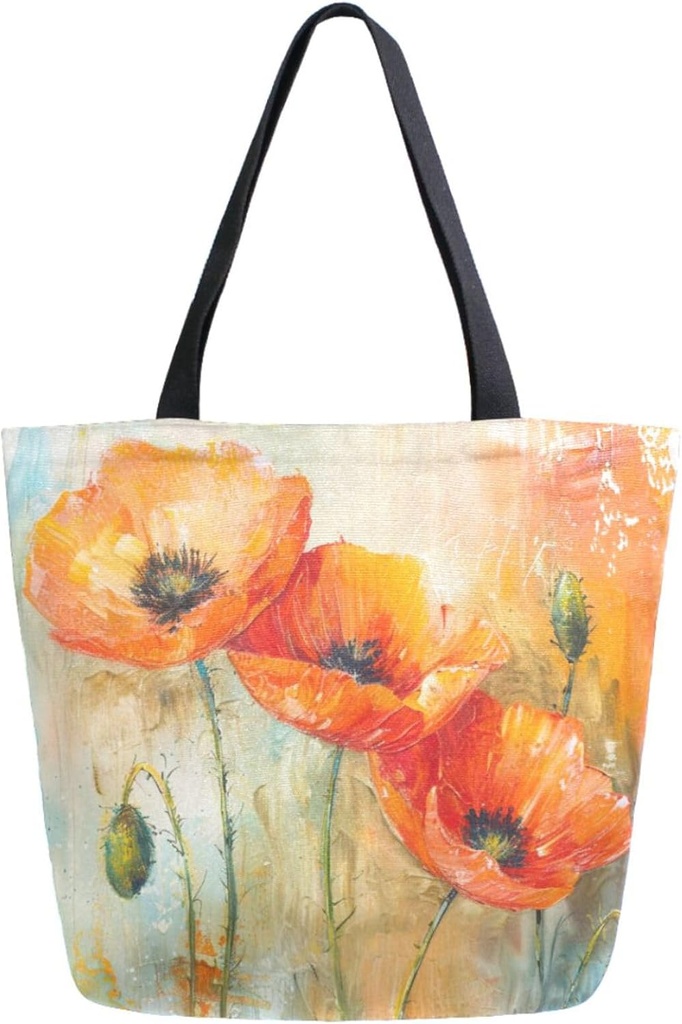 Fashion Extra Large Shoulder Grocery Tote Bag, Beautiful Ginger Poppy Painting Flower Canvas Daily Handle Bag for Gym Yoga Weekender Beach Travel Picnic Kitchen Reusable Market Shopping
