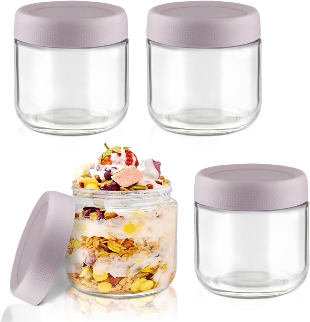 300ml/10oz Overnight Oats Container with Purple Screw Lids 4Pcs Wide Mouth Glass Food Jars Airtight Yogurt Bottle for Salad Dressing Fruits Jam Candy Cookies Snacks