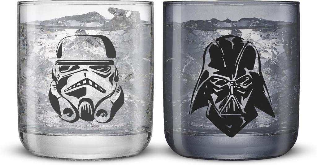JoyJolt Star Wars Dark Side Monochrome Short Drinking Glasses, 10oz Glass Tumbler Cup Set ft Darth Vader and Stormtrooper, Star Wars Kitchen Glasses Set of 2, Star Wars Gifts for Men Women and Adults