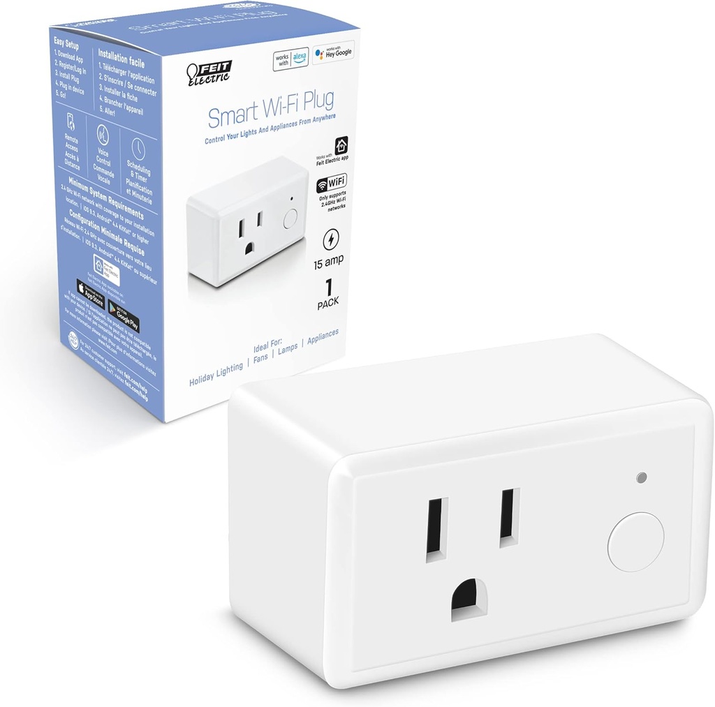 Feit Electric Smart Wi-Fi Plug, Works with Alexa and Google Home, No hub Required, 2.4 Ghz Network Only, Remote Control from Anywhere 15 Amp, Indoor Outlet for Home Appliances