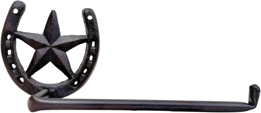 Rustic Metal Wall Mounted Toilet Paper Holder – Western Star and Horseshoe Decorative Bathroom Tissue Roll Dispenser – Farmhouse Cowboy Decor for Rustic or Western Restrooms