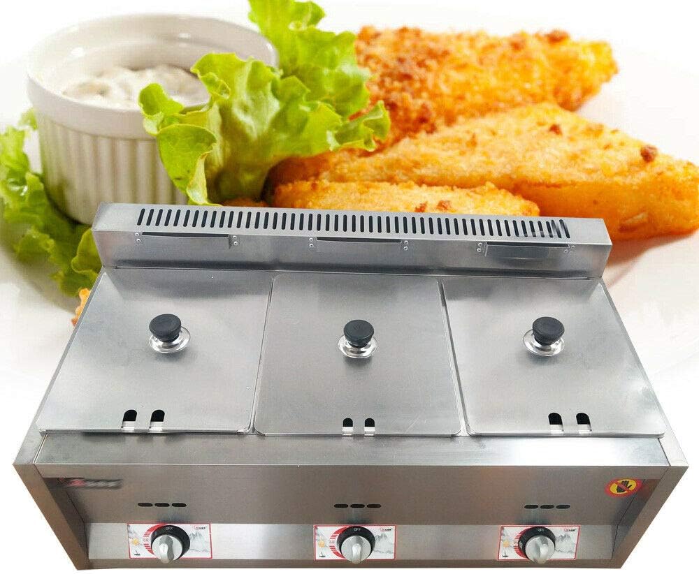 18 Liter 3 Tanks Commercial Stainless Steel Deep Fryer High Capacity Professional Gas Countertop Kitchen Frying Machine for French Fry Restaurants Supermarkets Fast Food Stands(18L)