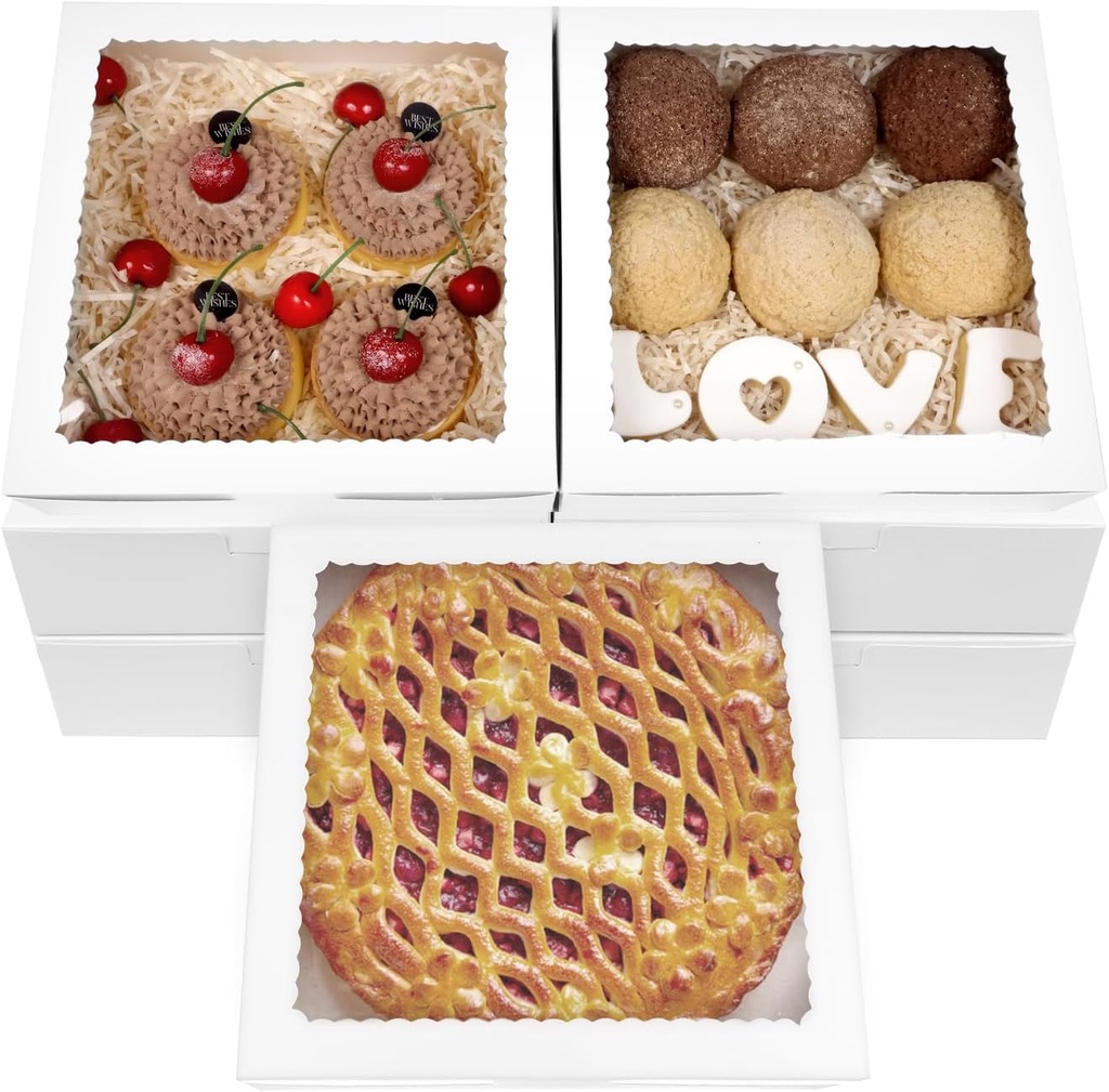 24pcs 9x9x2.5 Inch Pie Boxes White Bakery Boxes Cake Boxes with Window for Pies, Donuts, Cookies, Muffins, Chocolates, Party