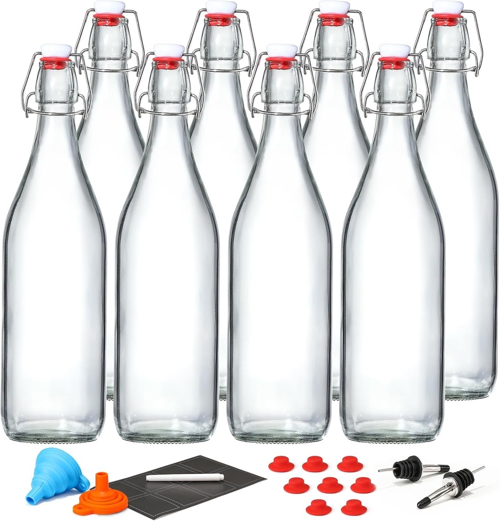 8 Pack [1 L / 33 fl. oz.] Swing Top Glass Bottles w/ Airtight Stopper Lids – Flip Top Brewing Bottle for Fermentation, Kombucha, Mead, Vinegar, Beer, Kefir, Wine, Soda – With 8 Extra Seals & 2 Pourer