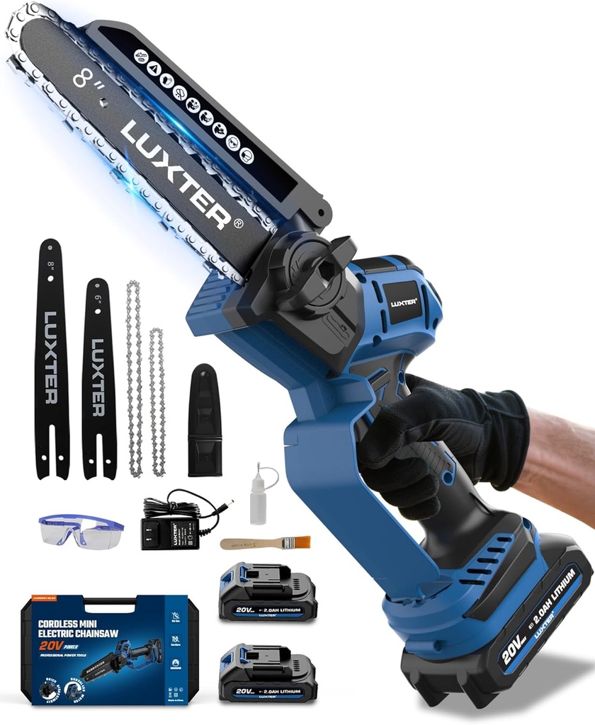 LUXTER Mini Chainsaw Brushless 8 inch & 6 inch Cordless Hand Held Chain Saw 2 x 2.0Ah Battery Small Handheld Saw Lightweight for Trimming & Wood Cutting Gardening Power Tool