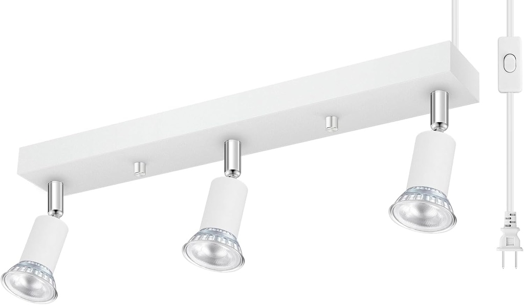 Plug-in Track Lighting, LED Track Lighting Fixtures Ceiling Kit, 16" White Plug in Wall Light with 14.8ft Cord, 3-Light Ceiling Spotlight,Rotatable Kitchen Light Head for Bedroom Hallway(GU10,NO Bulb)