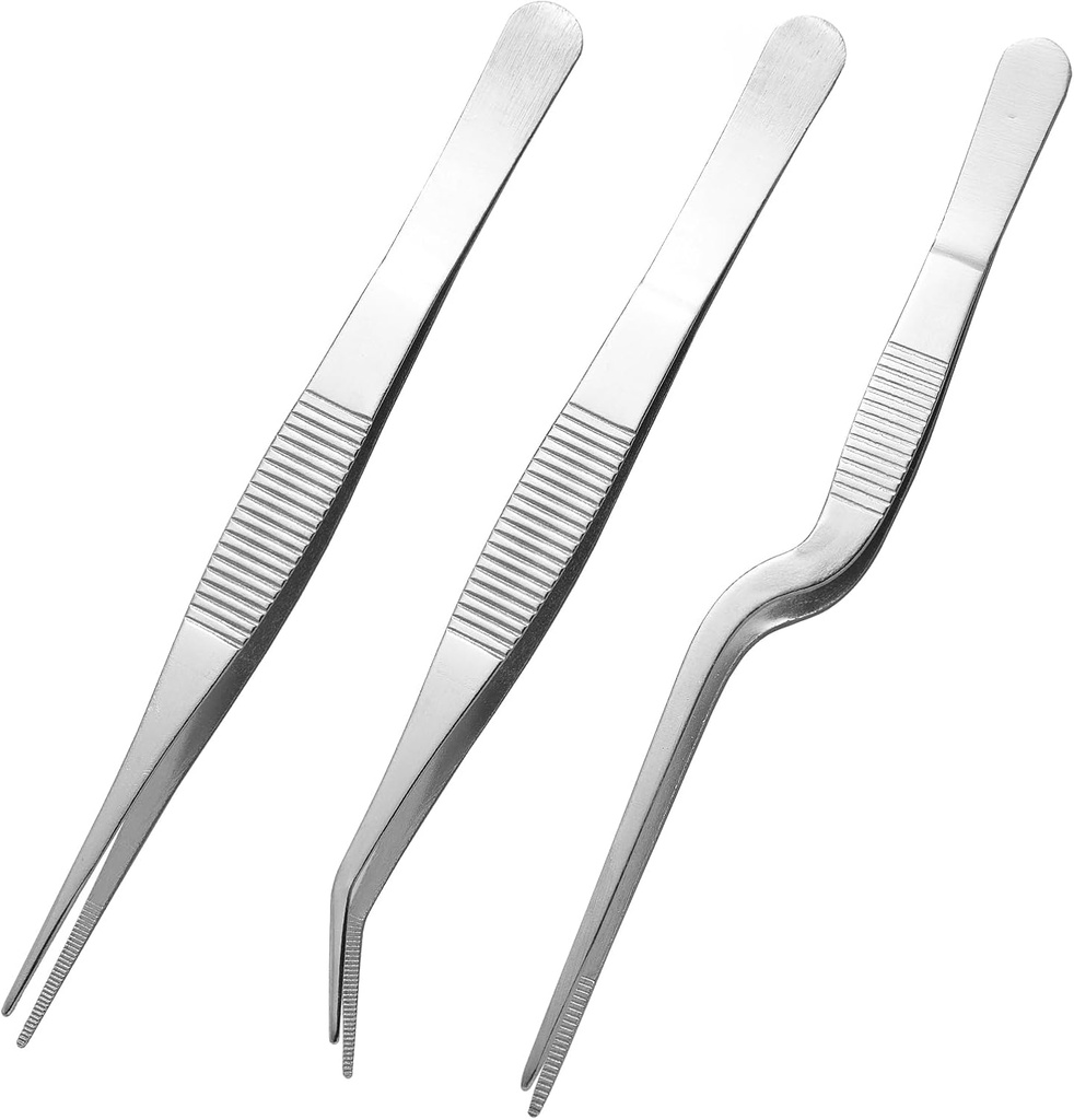 Stainless Steel Tweezers Set for Small Gardening and Kitchen, Multi-Purpose Tools Silver Tweezers (3Pcs, 6.22Inches / 6.33Inches / 6.4Inches)