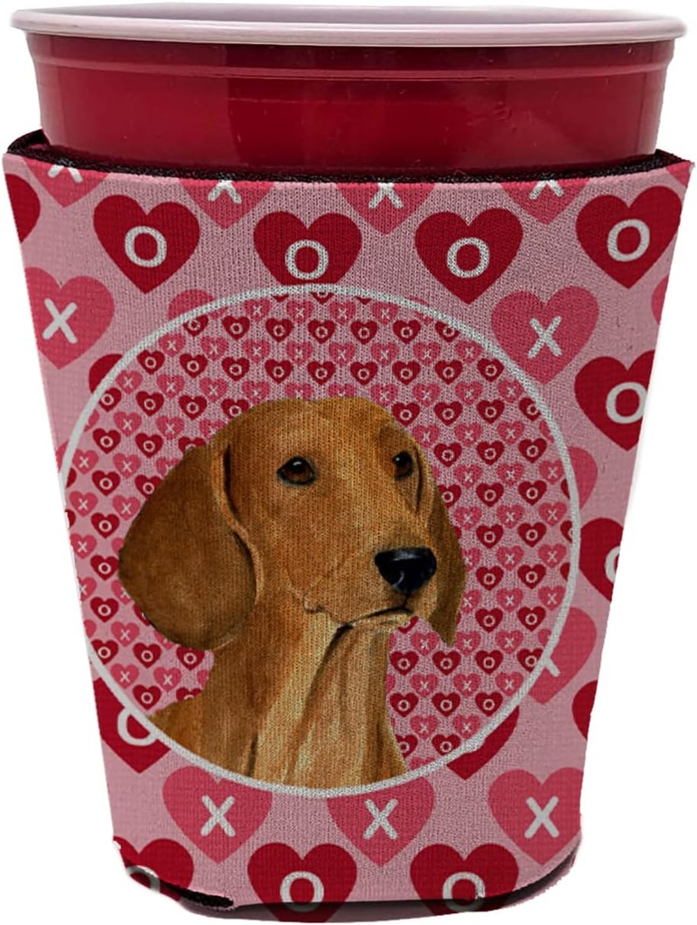 Caroline's Treasures SS4487RSC Dachshund Hearts Love and Valentine's Day Red Cup Hugger Cup Cooler Sleeve Hugger Machine Washable Drink Sleeve Hugger Collapsible Insulator Beverage Insulated Holder