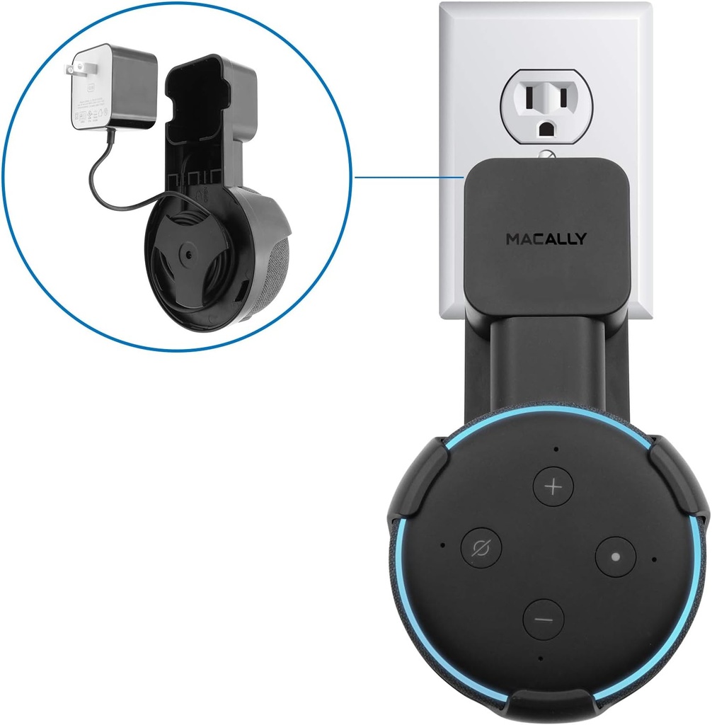 Macally Echo Dot Wall Mount Holder for Amazon Alexa 3rd Gen Speaker - Compact Bracket Stand Saves Home & Kitchen Counter - Plug In Hanger Accessories without Messy Wires - Black