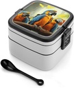 Bento Box Stackable Lunch Box with 2 Compartments Leak-Proof Food Storage Containers Cute Parrots Bento Lunch Box for Adults Lunch Containers with Utensil Set