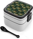 With Little Fireflies Bento Box Adult Lunch Box All-in-One Lunch Containers with Removable Compartments Double Layer Bento Lunch Box with Spoon And Handle Stackable Lunchbox