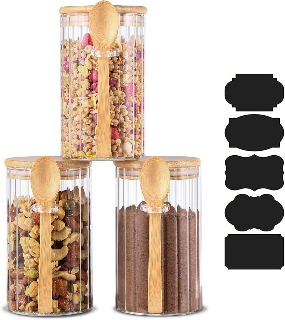 25 FL OZ Airtight Glass Jars with Bamboo Spoons Lids Overnight Oats Container Decorative Coffee Bar Food Storage Jar Cereal Nuts Salts Coffee Tea Flour Sugar Container Spice Jars