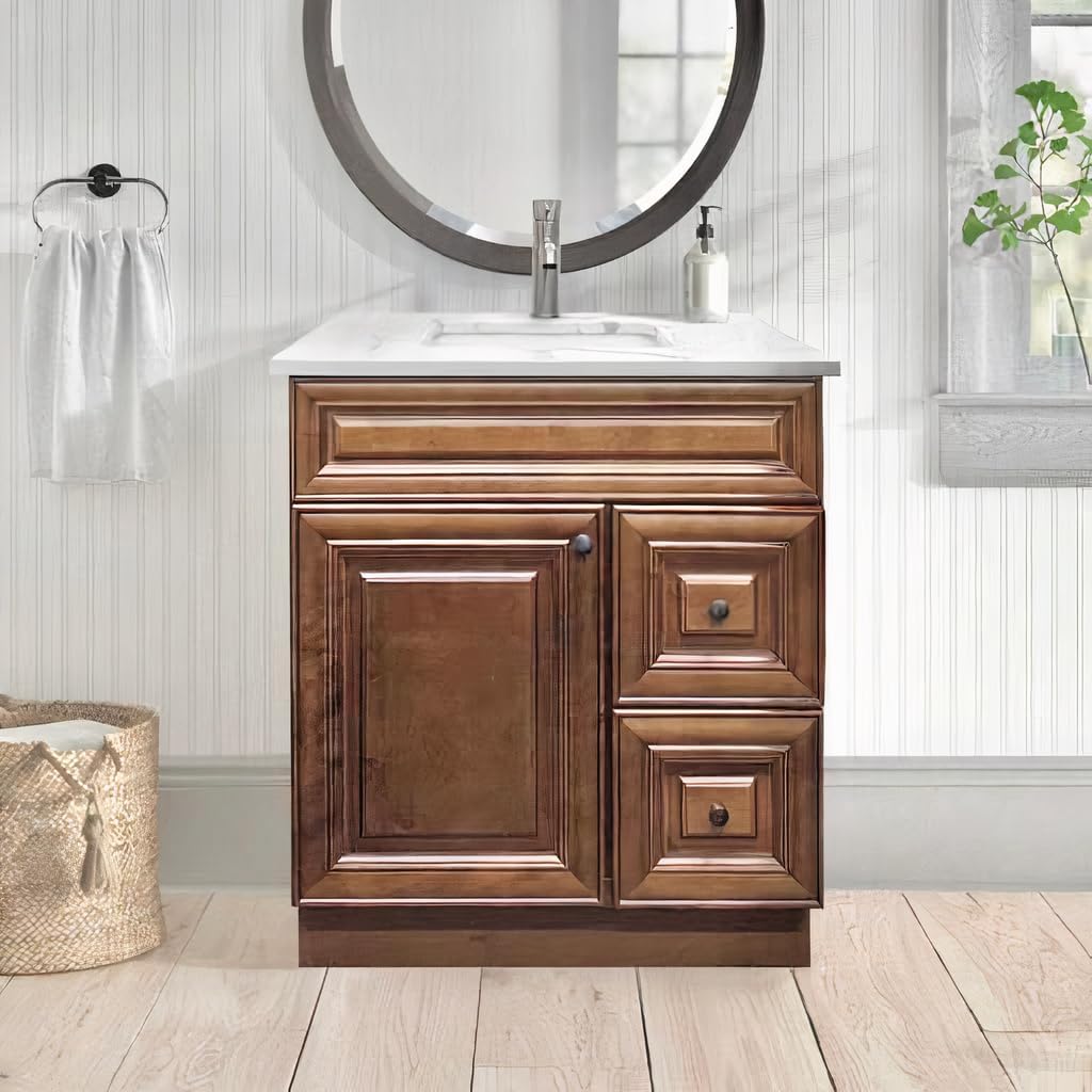 Maple Walnut Sink Base Bathroom Vanity with Drawers 30" Ready-to-Assemble Cabinet