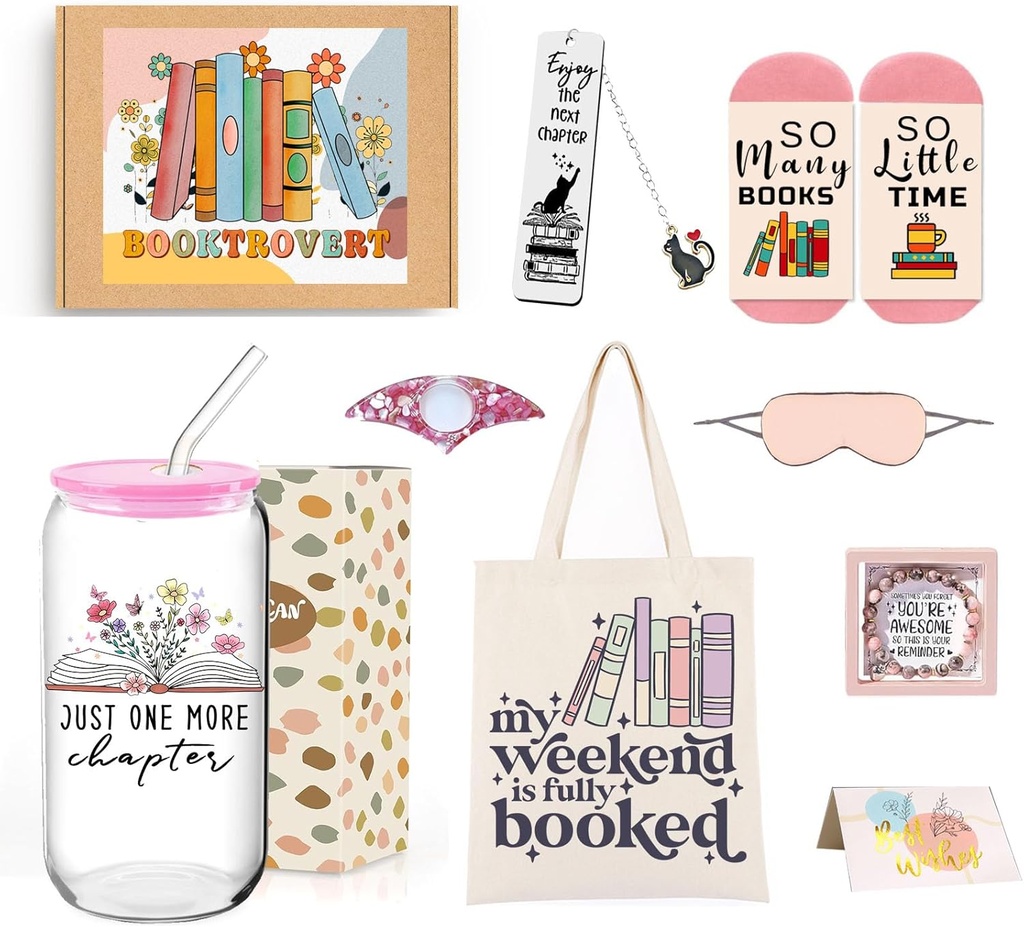 8 Pcs Book Lover Gifts Set for Women Book Themed Accessories Includes 16oz Glass Cup Tote Bag Socks Keychain Bookmark Page Holder Gifts for Readers for Librarian Bookworms