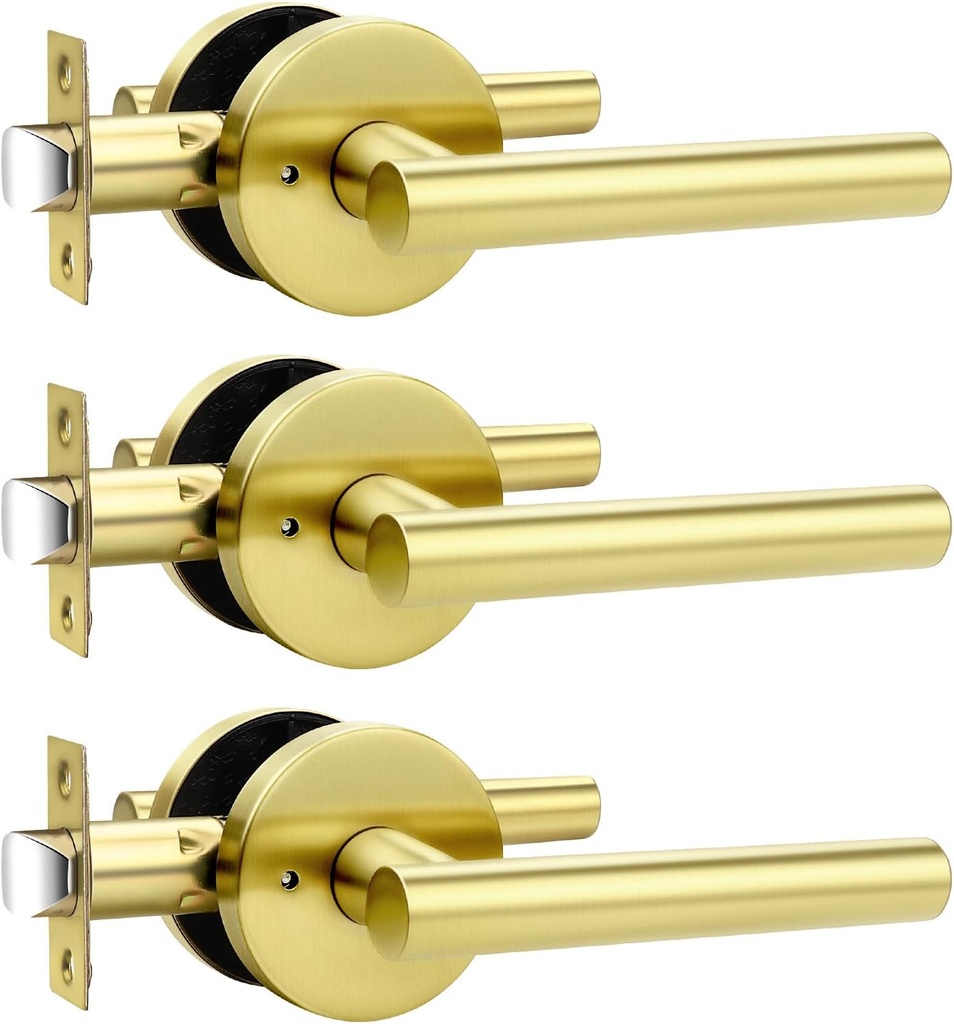Orger 3 Pack Brushed Gold Passage Door Lever Handles, Gold Interior Closet Door Handles, 304 Satinless Steels Keyless Door Knob Locks for Closet and Hallway, Reversible for Right & Left Side Doors