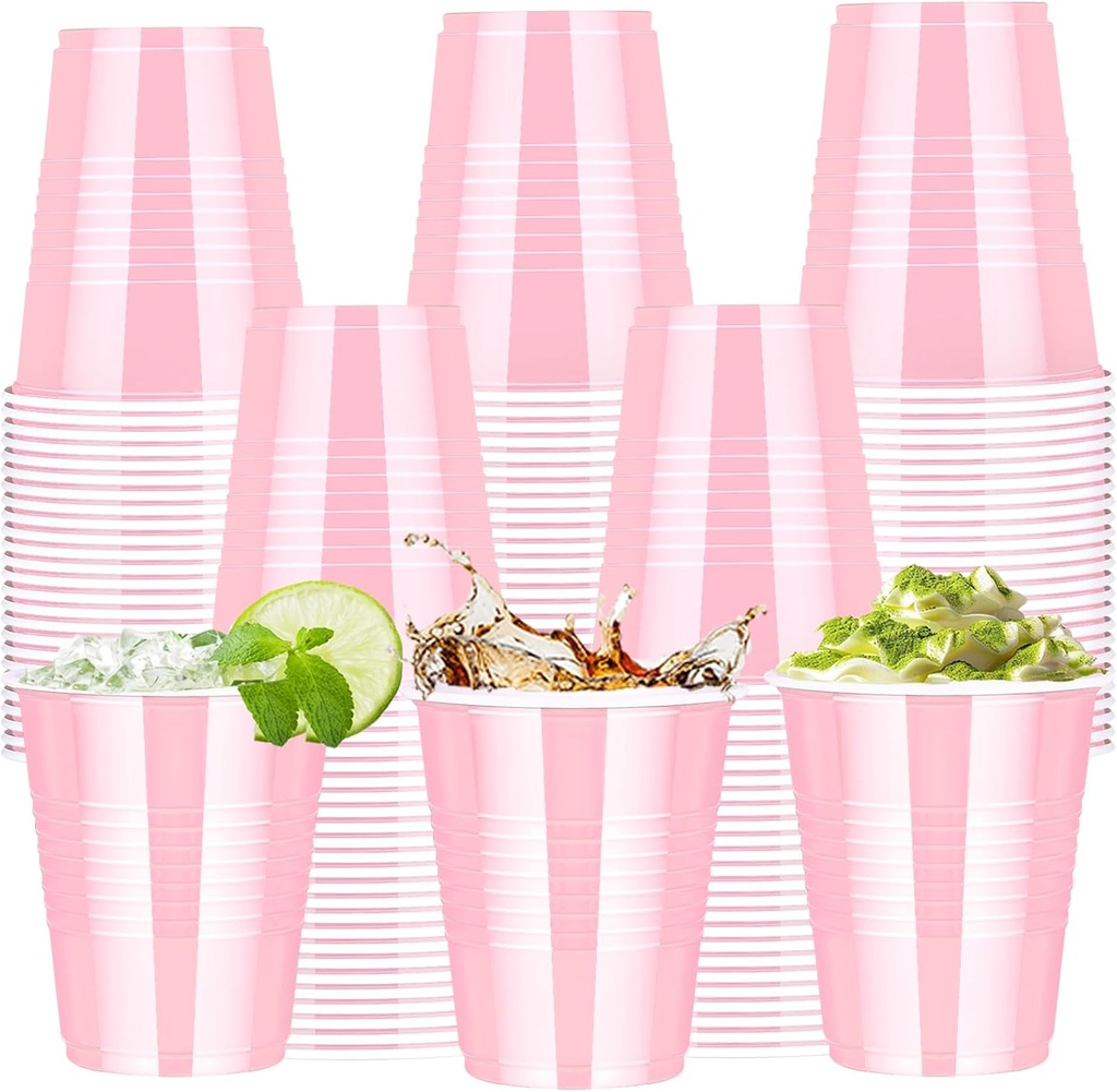 100 pcs 12 oz Pink Plastic Cups, Light Pink Party Cups – Stackable Ribbed Disposable Drinking Cups Bulk for Bachelorette, Wedding, Birthday, Baby Shower, Picnic & BBQ