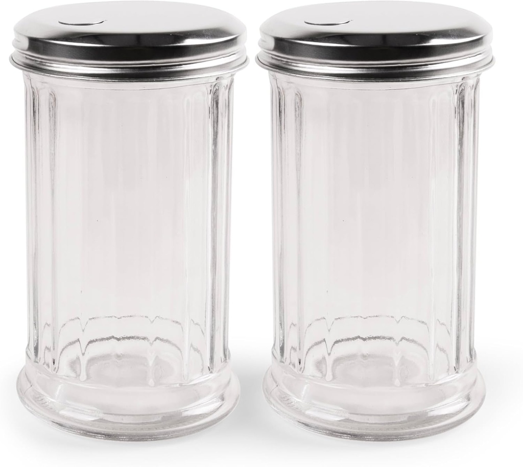 2 Pack Salt Sugar Shaker dispenser - Powder Sugar Dispenser Canisters - Glass Sugar Container with lid - Spice, Cinnamon, Baking Soda, Pourer Bottle Jar holder for Coffee Bar or Kitchen Countertop