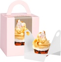 JCD Cupcake Boxes Carriers, 120pcs Pink Single Individual Cupcakes Box Holders Containers,3.7 * 3.7 * 4.3inch Cupcake Container Pastry with Insert Window & Handle for Parties (Pink/120Pcs)