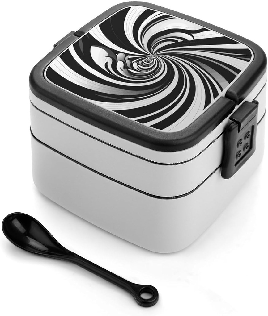 Bento Lunch Box for Women Lunch Containers for Adults White Black Swirl Design Double Layered Lunchbox Large Capacity Bento Box with Cutlery for Work Picnic Camping Travel
