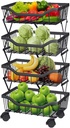 Fruit Basket for Kitchen 4 Tier Stackable Fruit Vegetable Storage Baskets with Wheels Metal Wire Storage Basket Organizer Cart for Kitchen Livingroom Diningroom Office, Black