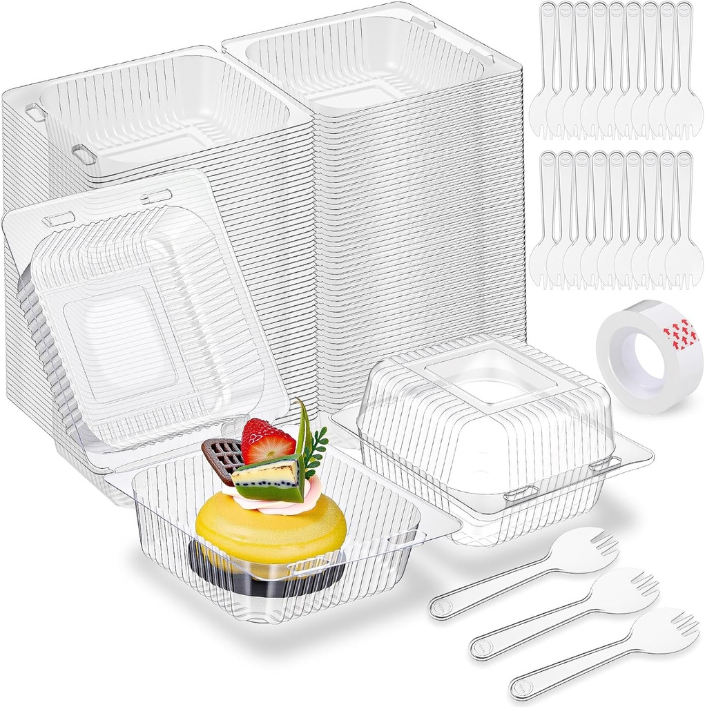 301 Pcs Clear Plastic Take out Containers Set 150 Clamshell Dessert Container with Hinged Lid and Spoons Disposable Boxes Takeout Tray for Cake Slice Fruit Salads, 5.3 x 4.7 x 2.8 inches