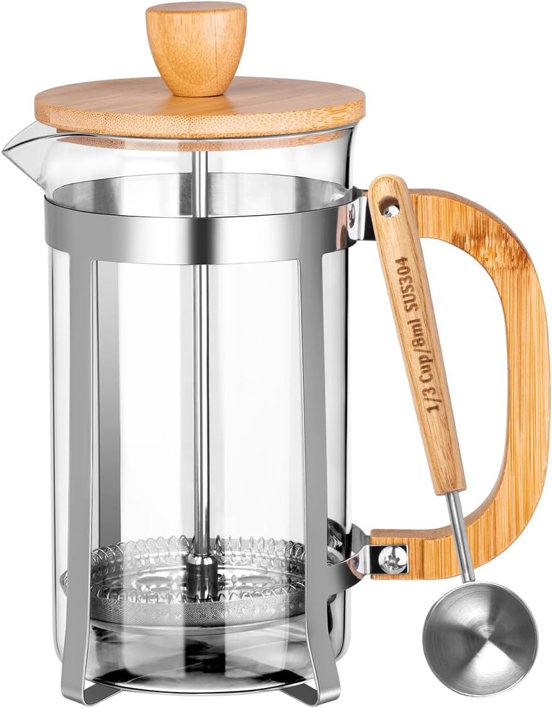 MERMOO YILAN French Press Coffee Maker & Tea Press 20oz Borosilicate Glass Carafe Plastic-Free Small Coffee Maker for Loose Leaf Tea, Cold Brew & Milk Frothing, Includes Measuring Spoon