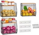 3 Pack Hanging Kitchen Baskets with Adjustable Wood Lid & S Hook- No Drilling Adhesive Wall Mount Wire Basket Over the Cabinet Door Organizer, Onion and Potato Storage for Pantry, Kitchen, Bathroom
