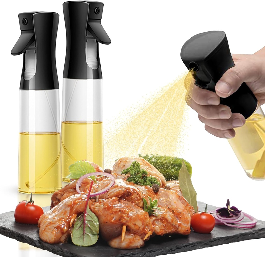 Cheer Collection Glass Oil Sprayer Set of 2 –300ml Olive Oil Sprayer Bottles for Cooking, Refillable Oil Mister & Dispenser, Black Olive Oil Spray Bottle for Food Prep