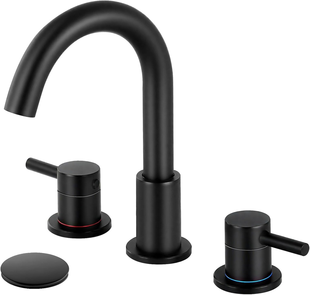 Bathroom Faucet 3 Hole,Mater Black Bathroom Sink Faucet with 360°Swivel Spout, 8 inch Widespread 2 Handle Faucet for Bathroom Sink Vanity RV with Pop-up Drain Supply Line Stainless Steel