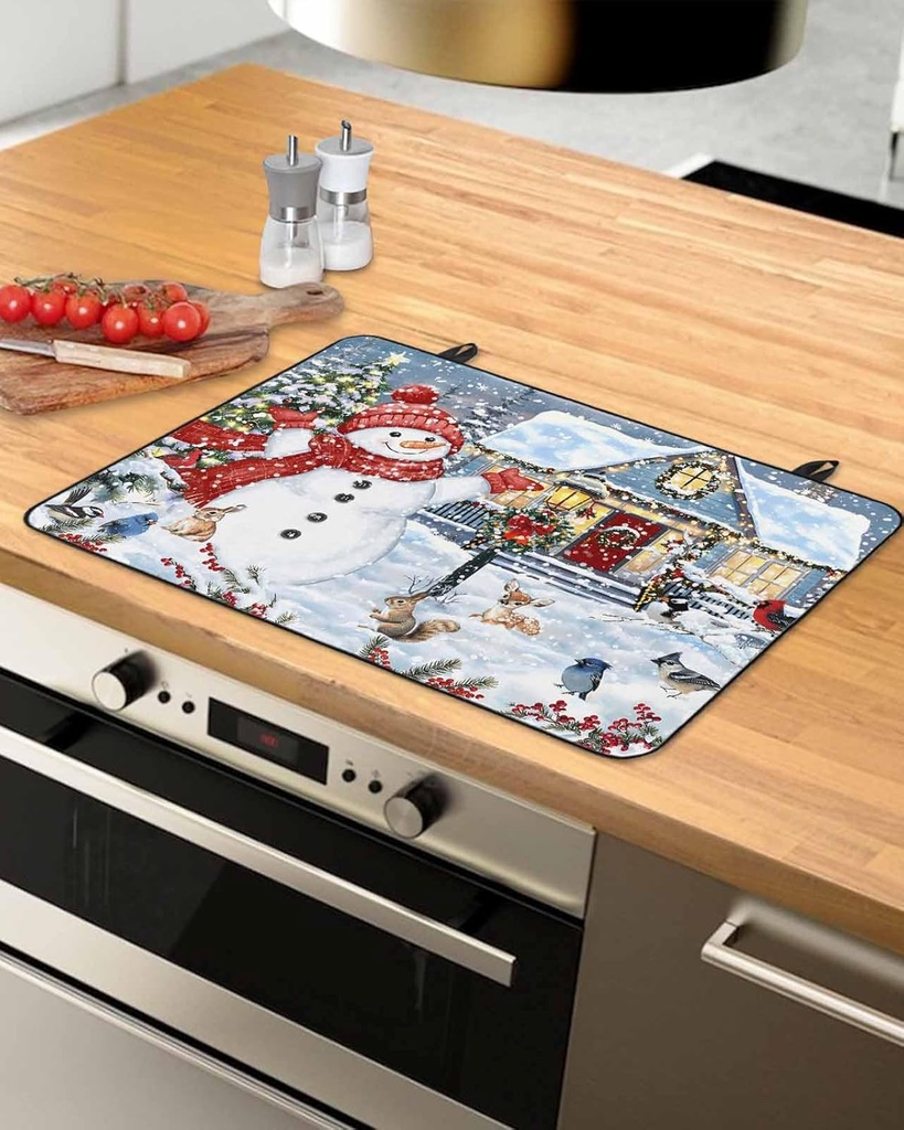Marry Christmas Countertop Burners Protection Mats for Kitchen, Snowman Deer Christmas Tree House Rubber Stove Top Cover Mat, Heat Proof Mats Cooktop Cover for Counter Dish Drying Mat, 31"x24"