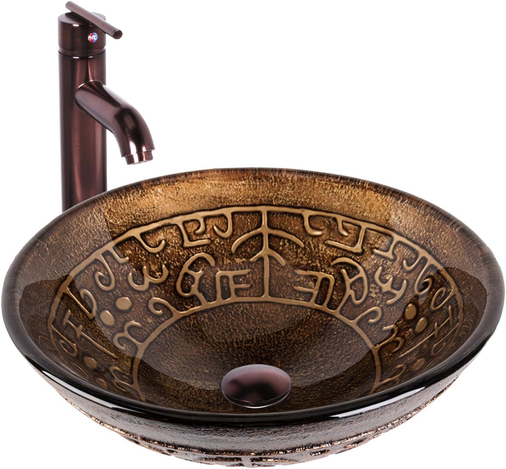 VIGO 17" L -17" W -13" H Golden Greek Glass Round Vessel Sink Set in Brown with Faucet and Drain -VGT127