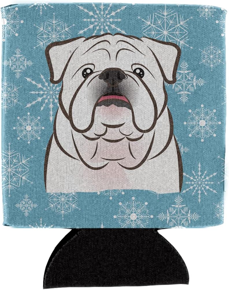 Caroline's Treasures BB1654CC Snowflake White English Bulldog Can or Bottle Hugger Cooler Washable Drink Sleeve Collapsible Beverage Insulated Holder, Can Hugger, Multicolor