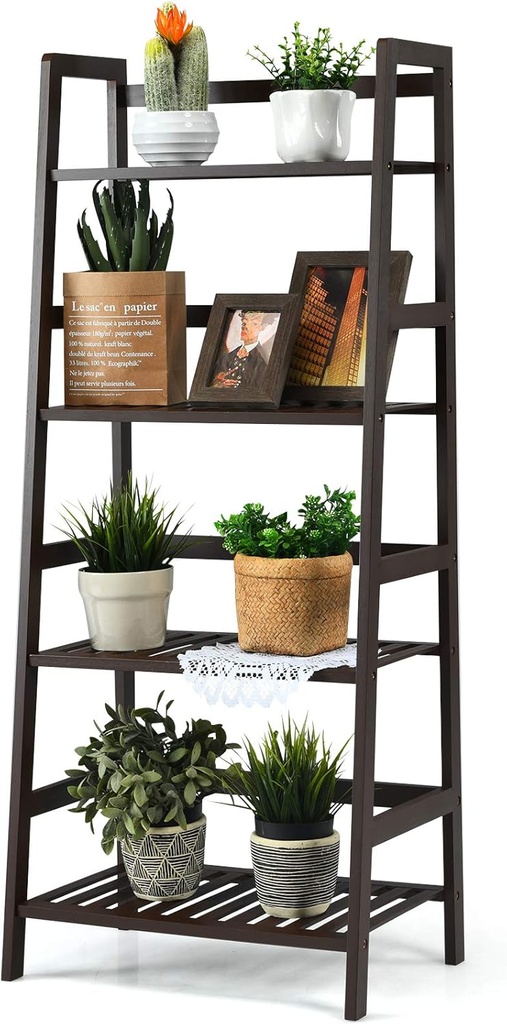 GRAFFY 4-Tier Ladder Shelf Plant Stand, Bamboo Ladder-Shaped Bookcase Storage Shelves, Multifunctional Display Rack, Plant Stand Flower Pots Holder for Living Room/Bathroom/Bedroom (Espresso)
