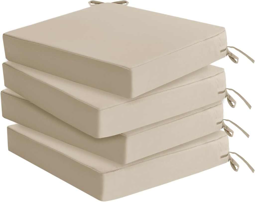 Outdoor Chair Cushions Set of 4: Waterproof & Fade Resistant Seat Cushion for Patio Furniture - 18.5 x 16 x 2 Inch Chair Pads with Ties and Hidden Zipper - Patio Chair Cushion Replacement, Beige