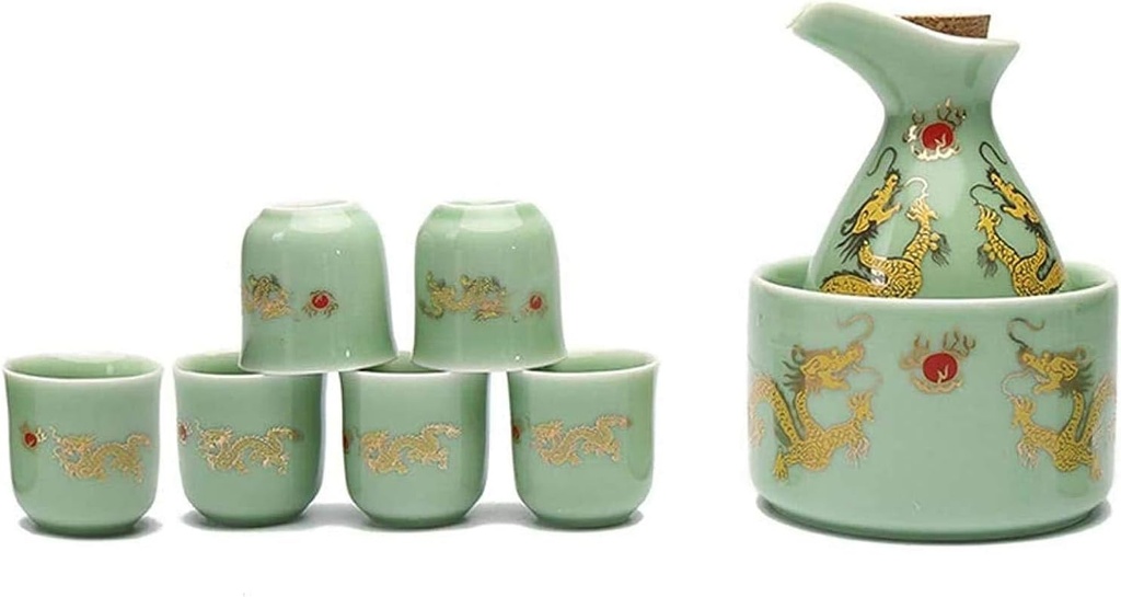 Ceramic Sake Set Sake Set 8 Pieces Japanese Sake Set with Warming Pot, Ceramic Wine Glass Set, SsangYong Pattern Crafts Cups for Cold/Warm/Hot Sake/Shochu/Tea Warmer
