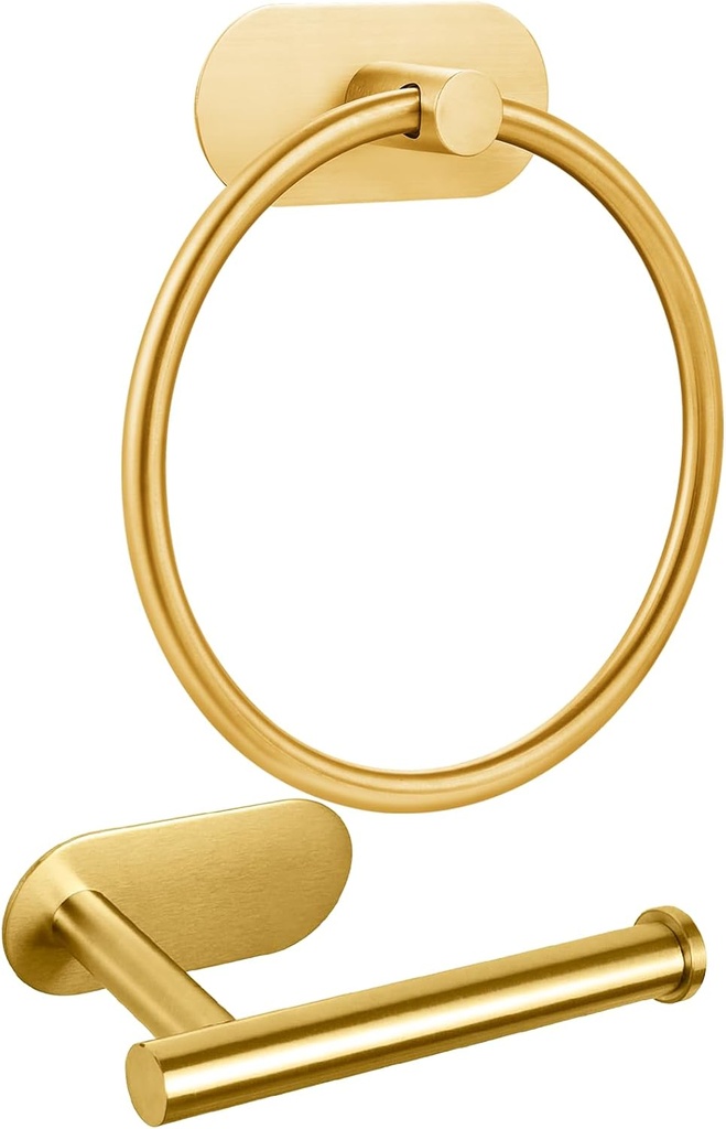 Self Adhesive Towel Ring and Toilet Paper Holder, No Drilling Stainless Steel Bathroom Hardware Set, Sturdy Bathroom Accessories for Home or Kitchen, Wall Mounted (Gold)